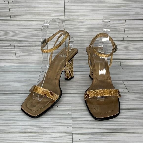 FENDI Women's Snake Print Tan Square Toe Ankle Strap Heel Sandals Size 7.5 - Picture 1 of 12